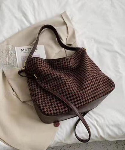 Coffee Plaid Woolen Large Capacity Satchel Handbag