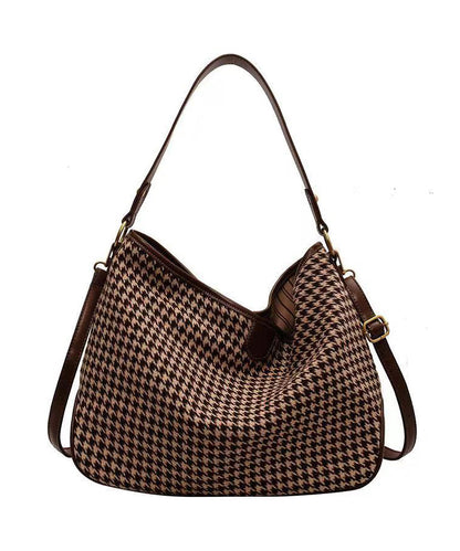 Coffee Plaid Woolen Large Capacity Satchel Handbag
