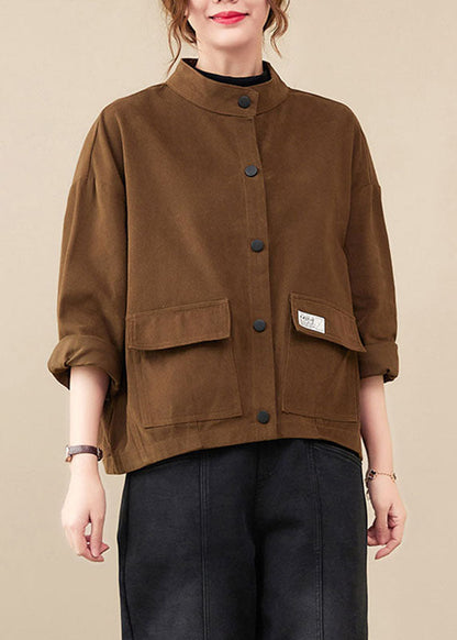 Coffee Pockets Patchwork Button Coats Fall