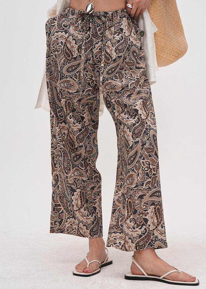 Coffee Print Drawstring Cotton Crop Pants Summer