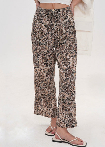 Coffee Print Drawstring Cotton Crop Pants Summer