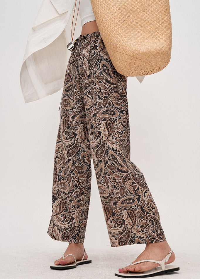 Coffee Print Drawstring Cotton Crop Pants Summer