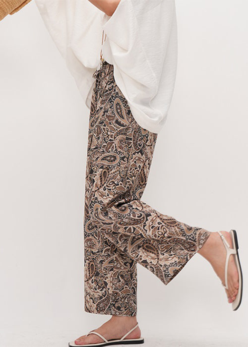 Coffee Print Drawstring Cotton Crop Pants Summer