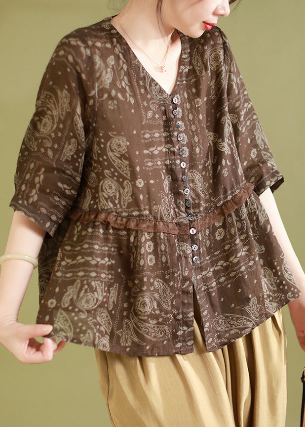 Coffee Print Ruffled Patchwork Linen Shirts Summer