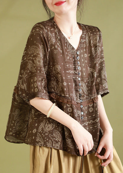 Coffee Print Ruffled Patchwork Linen Shirts Summer