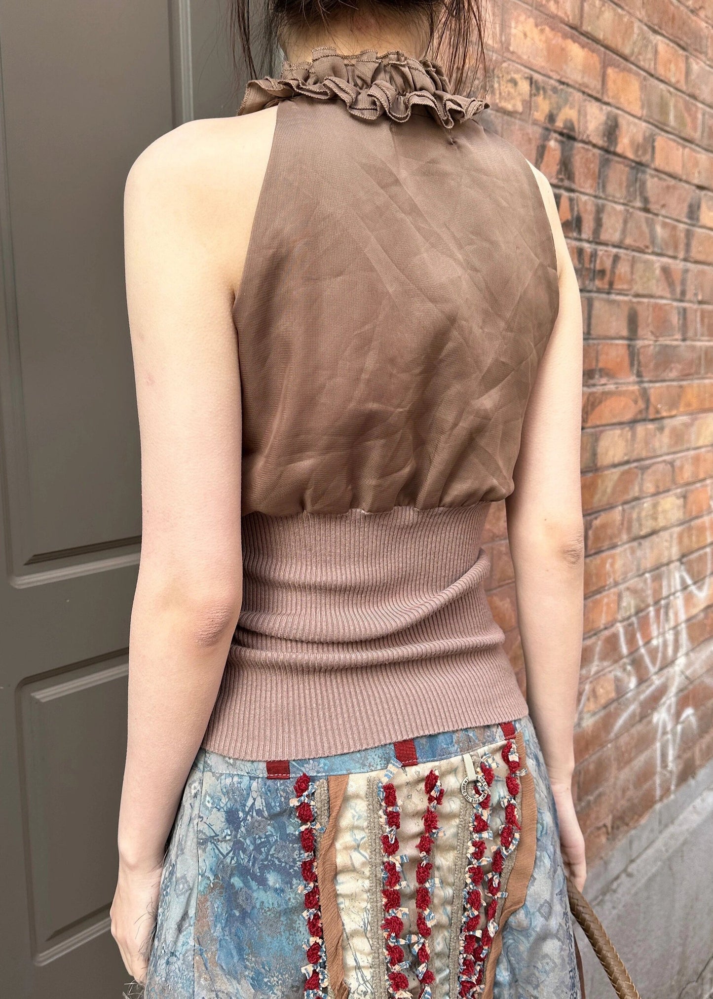 Coffee Ruffled Lace Up Knit Patchwork Tank Sleeveless