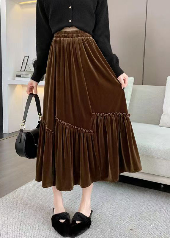 Coffee Ruffled Patchwork Elastic Waist Velour Skirt Spring