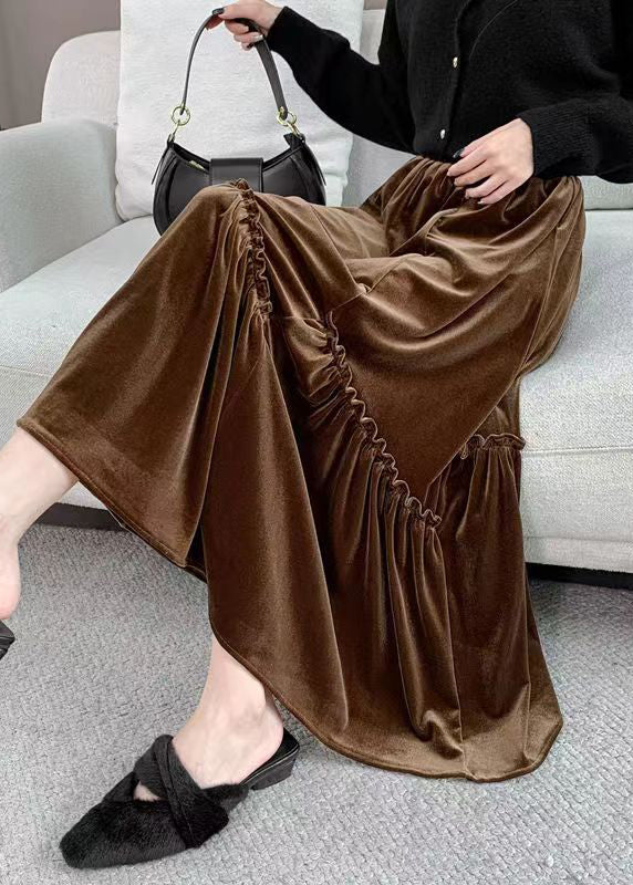 Coffee Ruffled Patchwork Elastic Waist Velour Skirt Spring