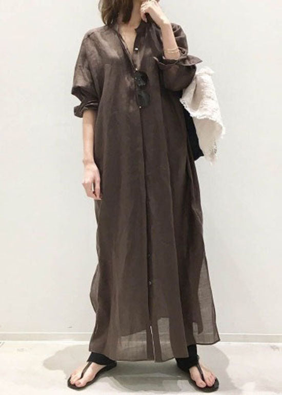 Coffee Stand Collar Cotton Shirts Dresses Long Sleeve