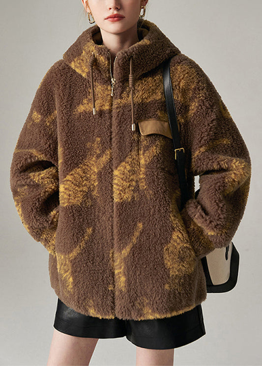 Coffee Stand Collar Drawstring Print Woolen Coat Winter