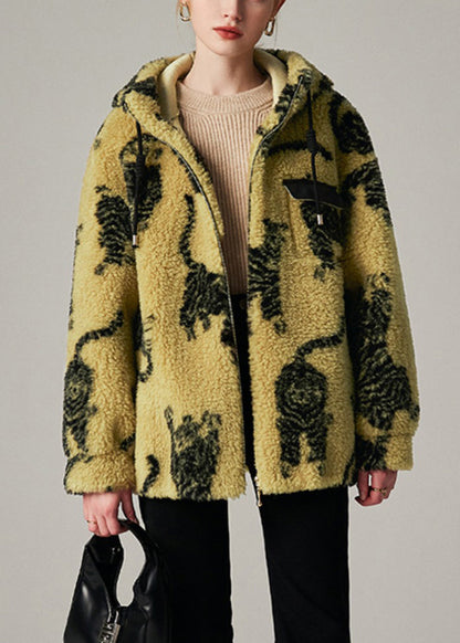 Coffee Stand Collar Drawstring Print Woolen Coat Winter