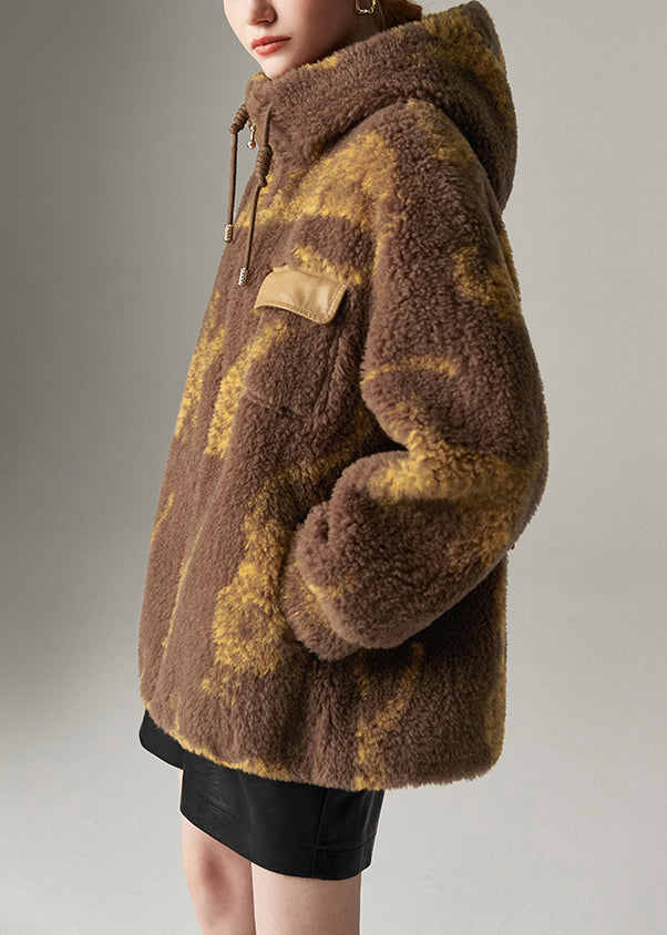 Coffee Stand Collar Drawstring Print Woolen Coat Winter