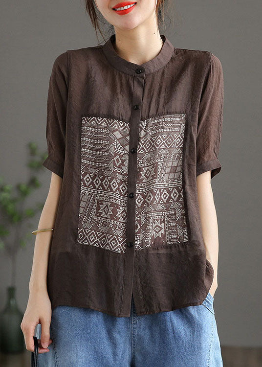 Coffee Stand Collar Print Patchwork Cotton Top Short Sleeve