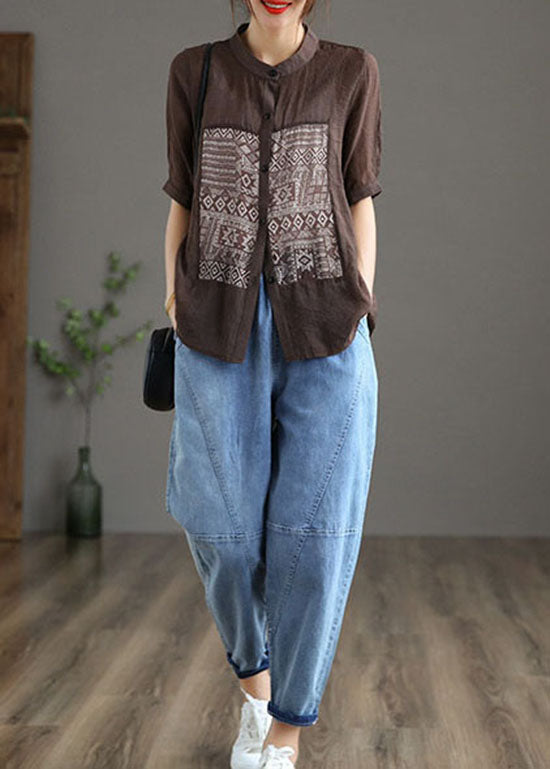 Coffee Stand Collar Print Patchwork Cotton Top Short Sleeve