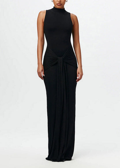 Coffee Stand Collar Tie Waist Flattering Robe Dresses Sleeveless