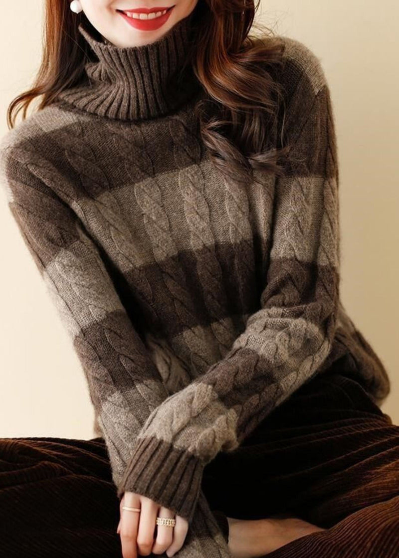 Coffee Striped Hign Neck Thick Patchwork Knit Short Sweater Fall