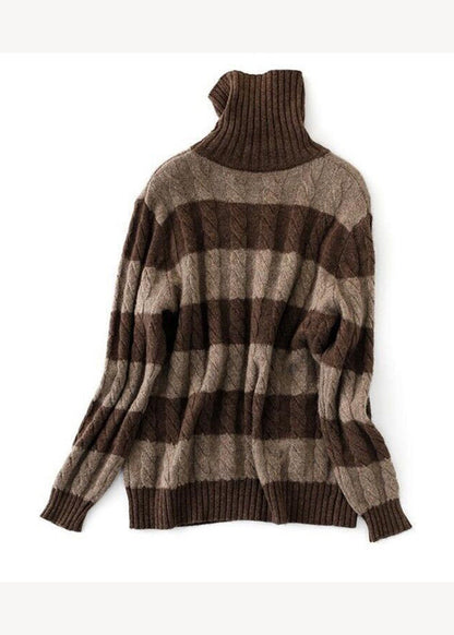 Coffee Striped Hign Neck Thick Patchwork Knit Short Sweater Fall