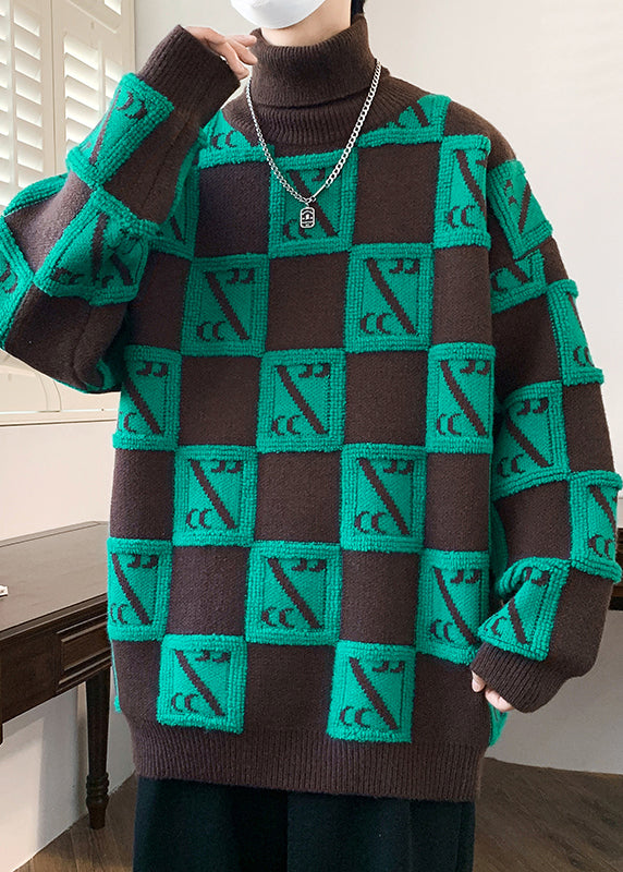 Coffee Turtleneck Plaid Patchwork Knit Sweaters Winter