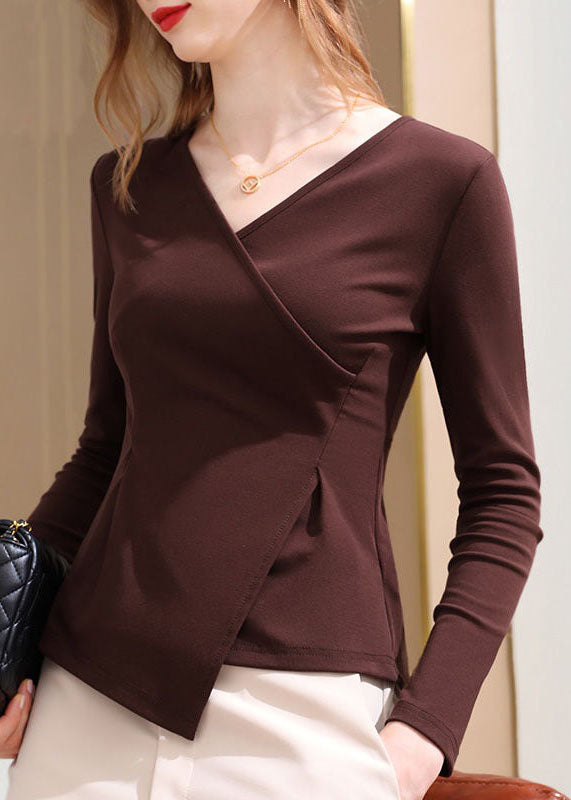Coffee V Neck Asymmetrical Patchwork Cotton Tops Spring