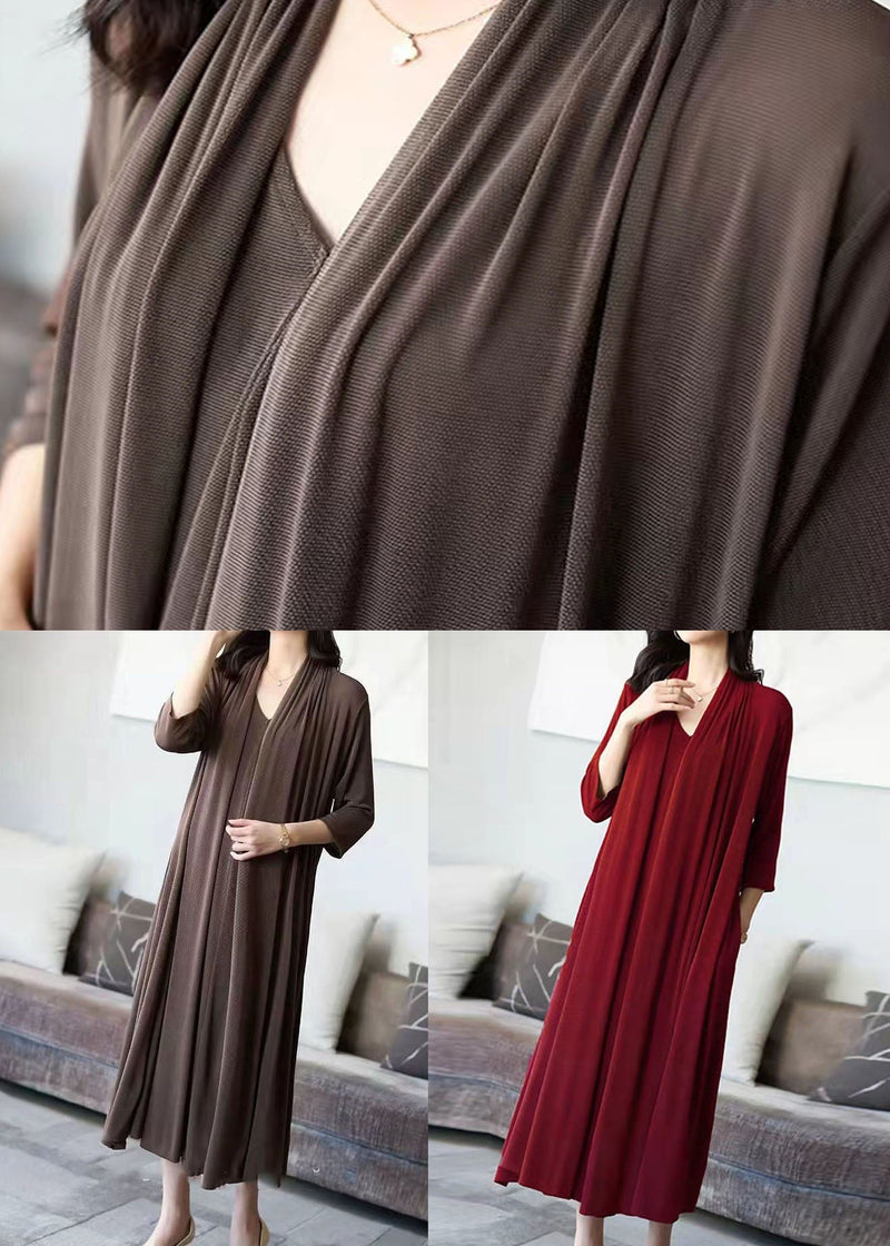 Coffee V Neck Patchwork False Two Pieces Silk Long Dress Spring