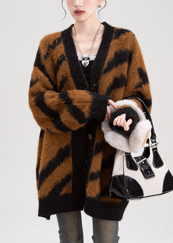 Coffee V Neck Striped Button Knit Cardigans Spring