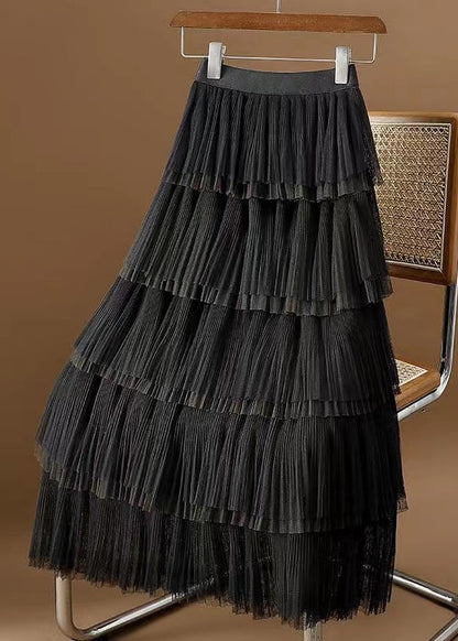 Coffee Wrinkled Layered Elastic Waist Tulle Skirt Spring