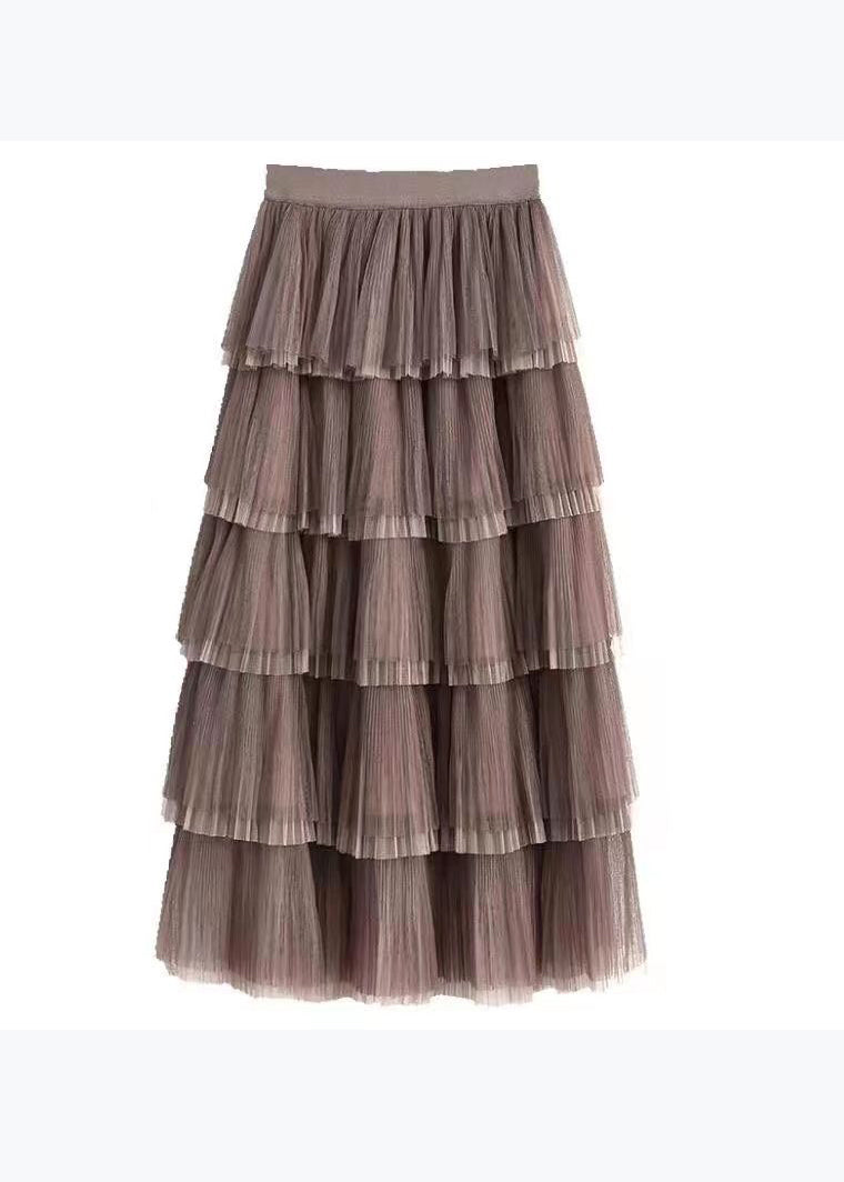 Coffee Wrinkled Layered Elastic Waist Tulle Skirt Spring