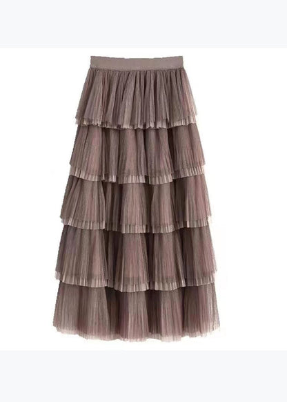 Coffee Wrinkled Layered Elastic Waist Tulle Skirt Spring