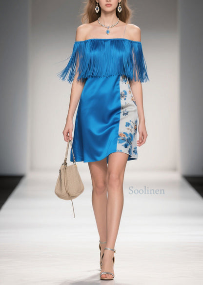 Cold Shoulder Print Tassel Silk Mid Dress Summer