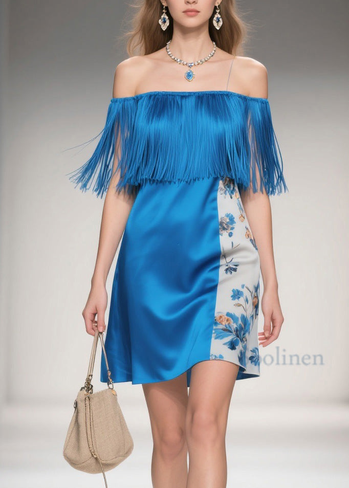 Cold Shoulder Print Tassel Silk Mid Dress Summer