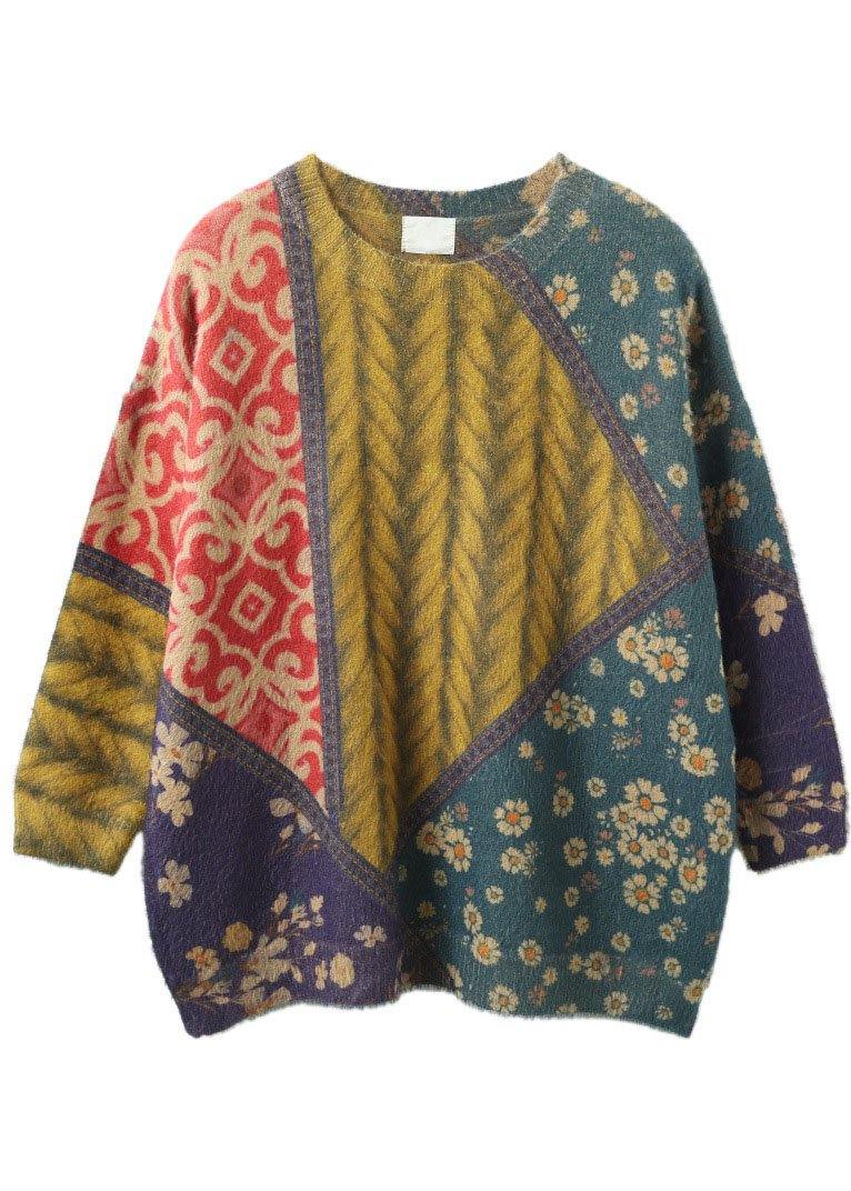 Color Block O-neck Print Cotton Sweater