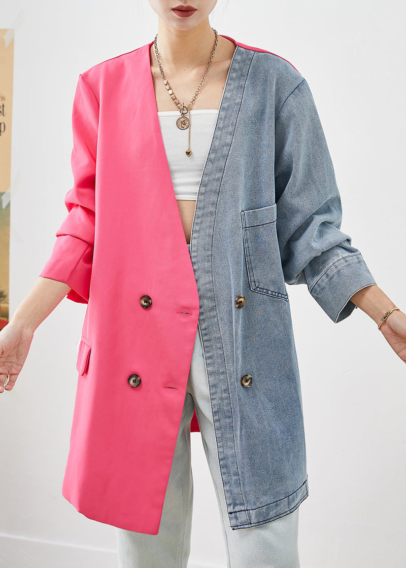 Colorblock Asymmetrical Patchwork Double Breast Cotton Coats Fall