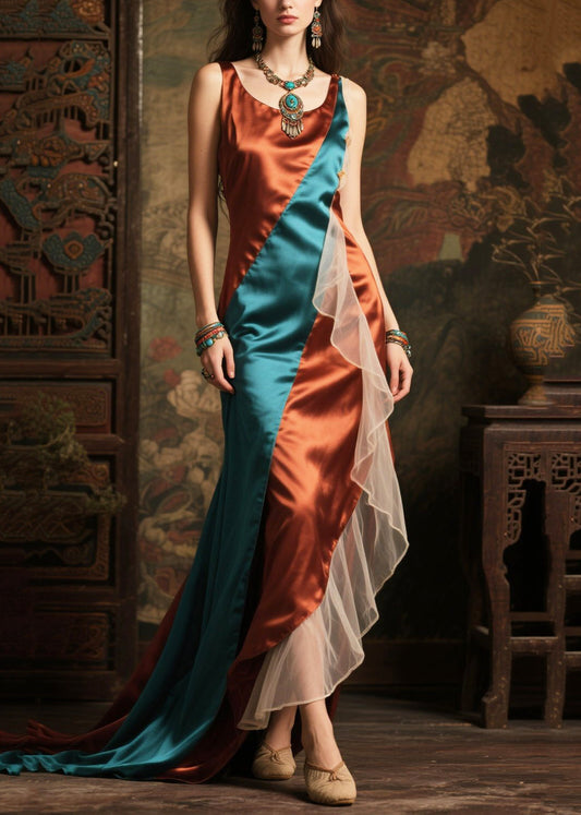 Colorblock Asymmetrical Patchwork Exra Large Hem Silk Dress Summer