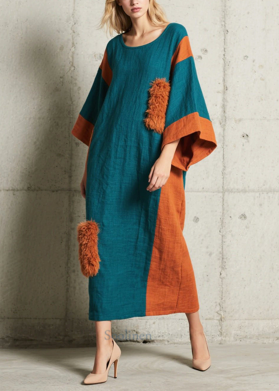Colorblock Asymmetrical Patchwork Faux Fur Dresses Batwing Sleeve