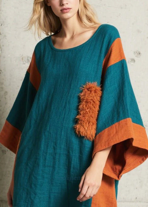 Colorblock Asymmetrical Patchwork Faux Fur Dresses Batwing Sleeve