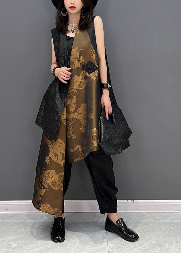 Colorblock Asymmetrical Patchwork Jacquard Silk Vests Sleeveless