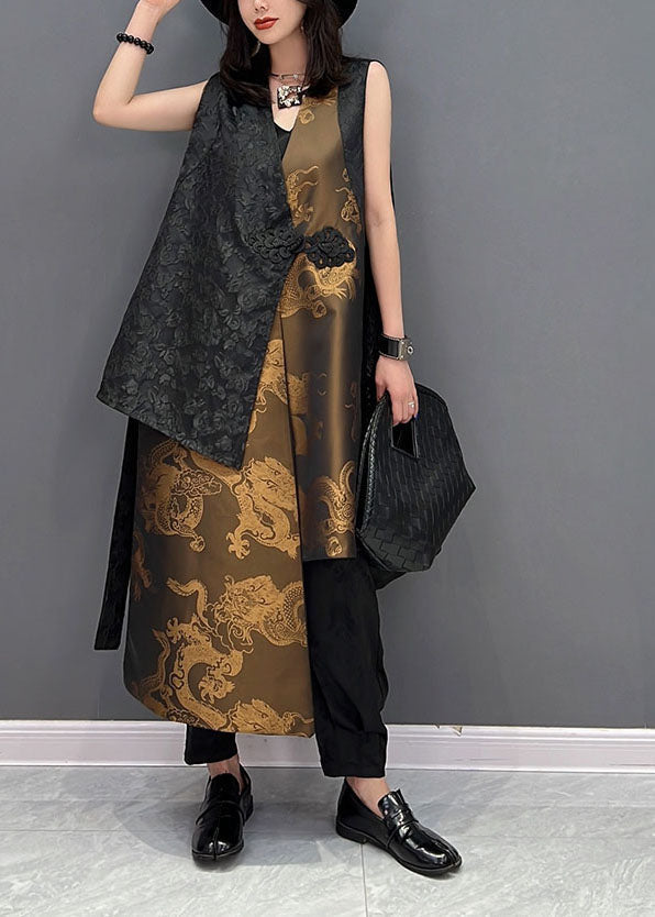 Colorblock Asymmetrical Patchwork Jacquard Silk Vests Sleeveless