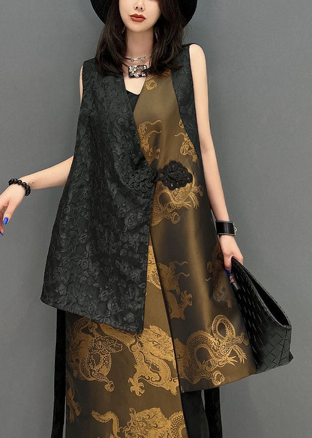 Colorblock Asymmetrical Patchwork Jacquard Silk Vests Sleeveless