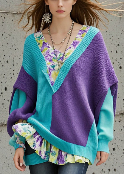 Colorblock Asymmetrical Patchwork Knit Sweater Tops Fall