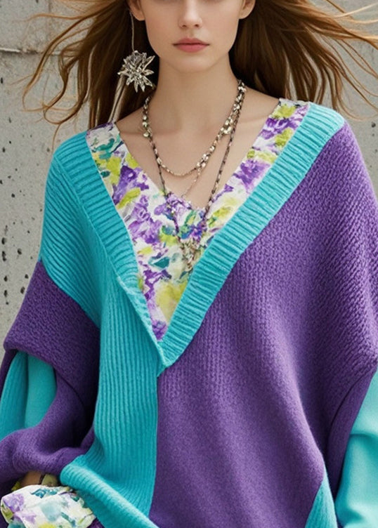 Colorblock Asymmetrical Patchwork Knit Sweater Tops Fall