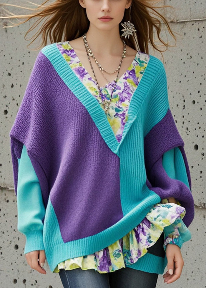 Colorblock Asymmetrical Patchwork Knit Sweater Tops Fall