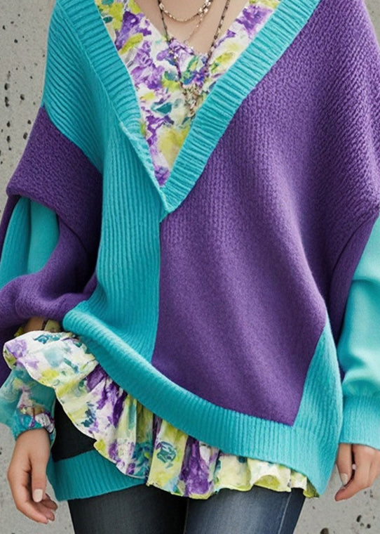 Colorblock Asymmetrical Patchwork Knit Sweater Tops Fall
