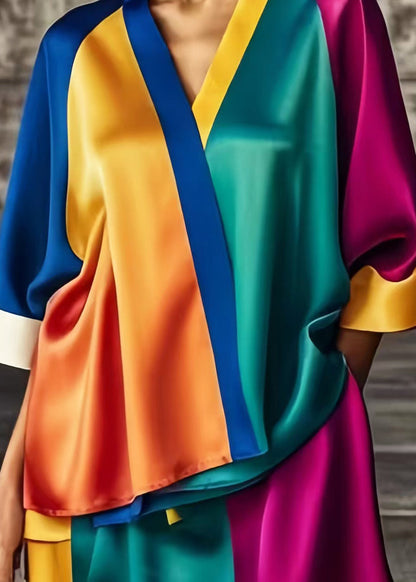 Colorblock Asymmetrical Patchwork Low High Design Silk Dress Summer