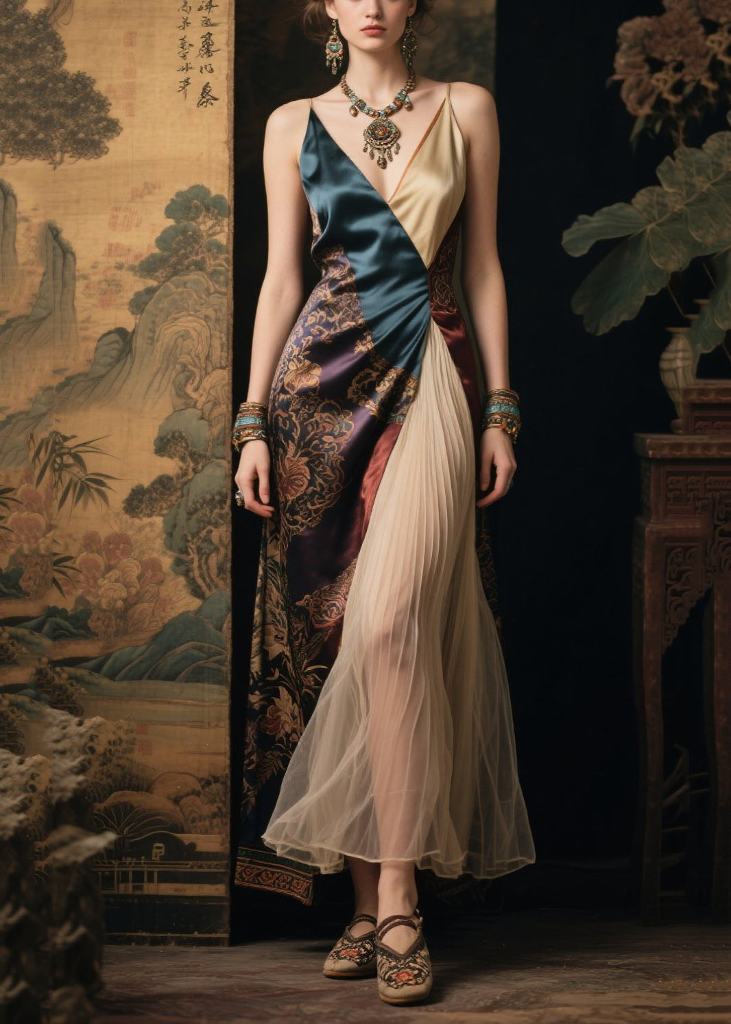 Colorblock Asymmetrical Patchwork Silk Spaghetti Strap Dress Summer