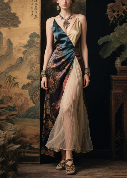 Colorblock Asymmetrical Patchwork Silk Spaghetti Strap Dress Summer