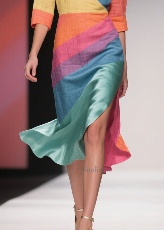 Colorblock Asymmetrical Side Open Linen Silk Dress Half Sleeve