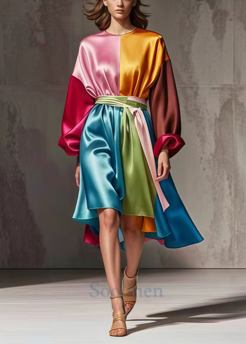 Colorblock Cinched Patchwork Silk Work Dress Spring