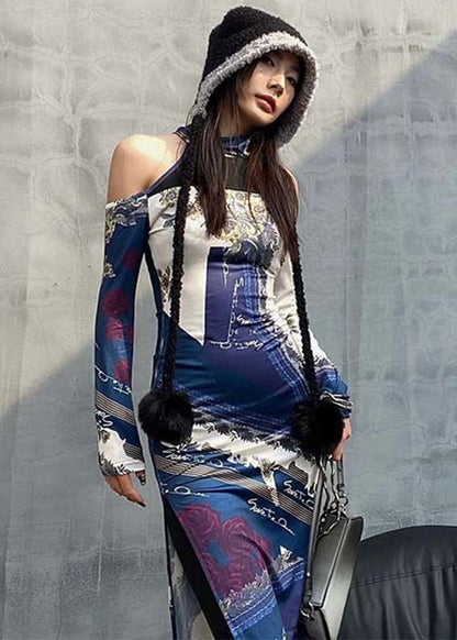 Colorblock Cold Shoulder Print Cotton Dress Long Sleeve
