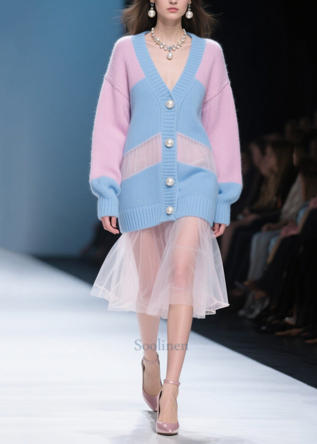 Colorblock Hollow Out Patchwork Tulle Knitwear Dress Fall