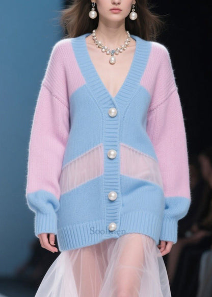 Colorblock Hollow Out Patchwork Tulle Knitwear Dress Fall